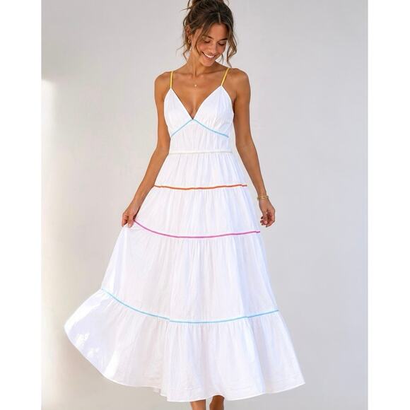 STAUD Dresses & Skirts - Staud NWT Cleo Tiered Poplin Midi Dress XL Rainbow Trim Cotton